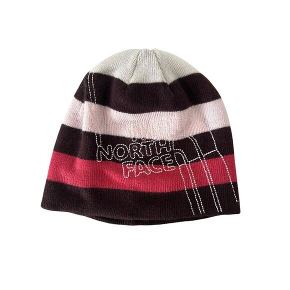 The North Face Striped Knit Beanie Hat Pink/White/Brown - Picture 1 of 3